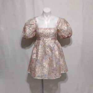 Lena Metallic Floral Jacquard Puff Sleeve Babydoll Mini Dress XS Coquette Glam